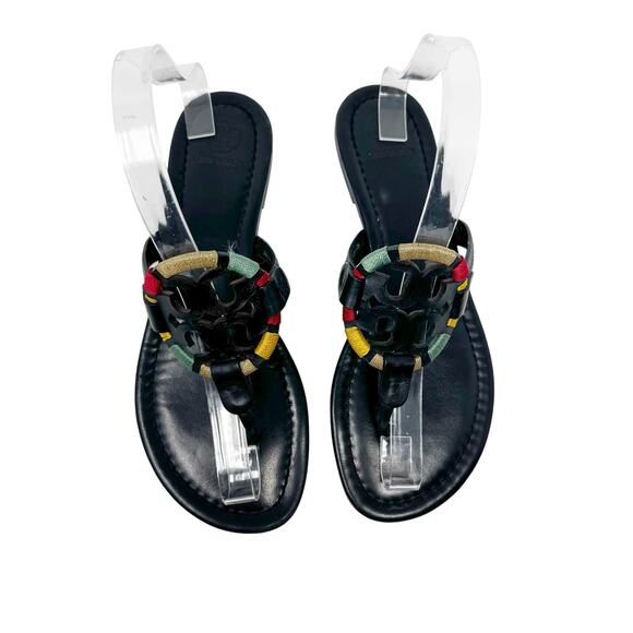 TORY BURCH Embroidered Perfect Black Matte Leather Miller Logo Sandals Size 8.5 - Picture 3 of 9